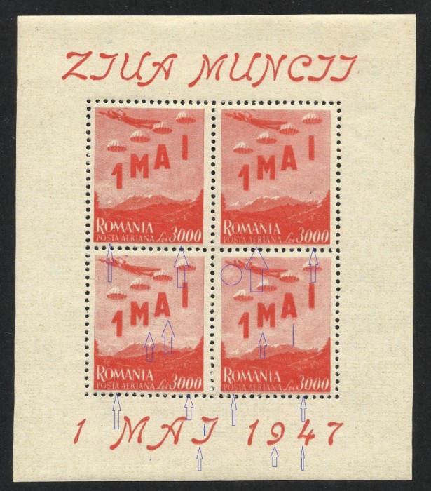 VARIETATE --TIPAR DEPLASAT--1 MAI --BLOC x 4--1947 MNH