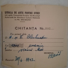 Chitanță 1942, Școala de artă ptr evrei, vioară, Buc, iudaica, Harry Blechman,