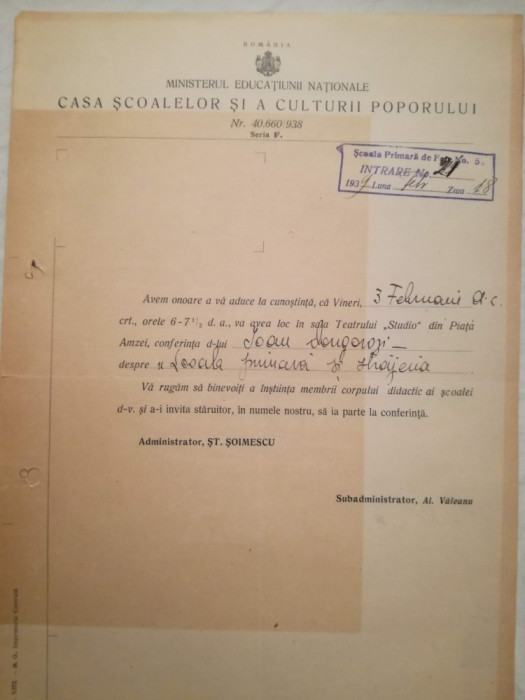 Adresă 1939 MEN conferința Ion Dongorozi - Strajeria