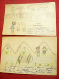 Set 2 Carti Postale Ilustrate- Termocentrala Doicesti 1961 ,cu desene de copil, Circulata, Printata