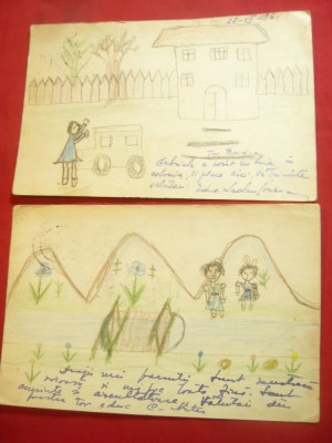 Set 2 Carti Postale Ilustrate- Termocentrala Doicesti 1961 ,cu desene de copil foto