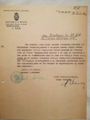 Adresa Scoala Fete Bucuresti, prin ordin general Maria Antonescu, 1943, WW II foto