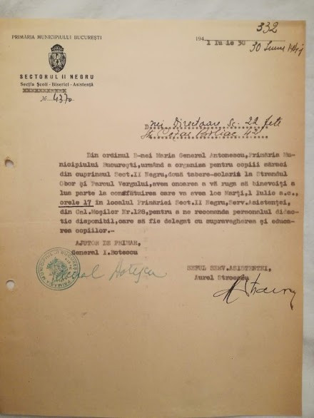 Adresa Scoala Fete Bucuresti, prin ordin general Maria Antonescu, 1943, WW II