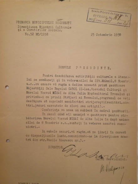 Adresa Ateneu, cultul personalitatii Carol II, 1938, strajeri, semnat olografe
