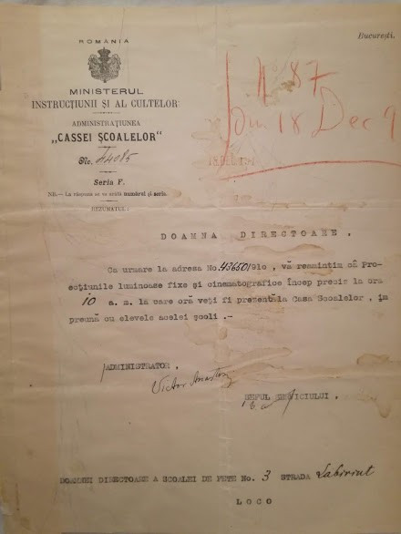 Adresă proiecție cinema, Ministerul Instrucțiunii, 1910