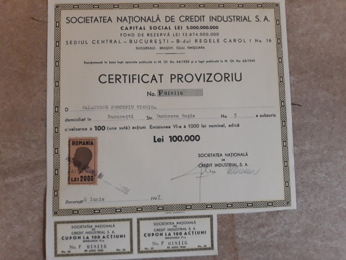 ACTIUNI - SOC. NATIONALA CREDIT INDUSTRIAL - CERTIF. PROVIZ. - 100000 LEI -1947