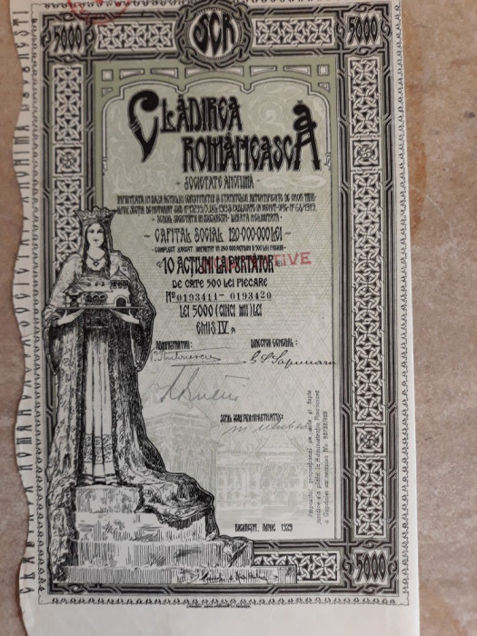 ACTIUNI - CLADIREA ROMANEASCA - SOC. ANONIMA - GRAFICA DE AUTOR - 5000 LEI -1929