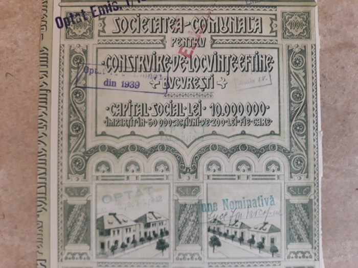 ACTIUNI - SOC. COMUNALA PTR. CONSTR. DE LOCUINTE IEFTINE BUC - 1000 LEI - 1921
