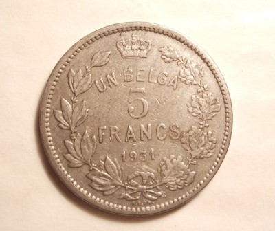 BELGIA 5 FRANCI 1931/ VARIANTA FRANCEZA foto