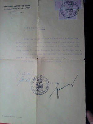 Prefectura jud. Trei Scaune, Sf. Gheorghe 1946, certificat cu semnatura prefect foto