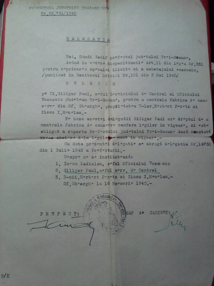 Jud. Trei Scaune, Sf. Gheorghe delegatie semnata prefect Gaudi Iosif, anul  1945, Romania 1900 - 1950, Documente | Okazii.ro