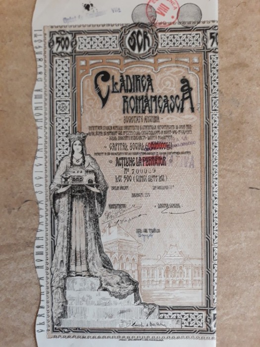 ACTIUNI - CLADIREA ROMANEASCA - SOC. ANONIMA - GRAFICA DE AUTOR - 500 LEI - 1920