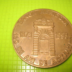 9214-Medalia Banca Agricola bronz-1873-1993, diam. 5.5 cm.
