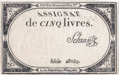 1793 (31 X), 5 livres (A-76.95) - Franța! 1793 A Doua Emisie foto