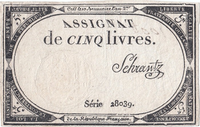 1793 (31 X), 5 livres (A-76.95) - Franța! 1793 A Doua Emisie