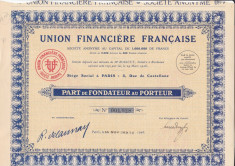 Union Financiere Francaise Actiune parte fondator 1926 Franta bancar foto