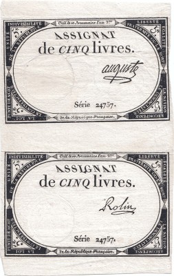 Coală de 2x 1793 (31 X), 5 livres (A-76.5; A-76.91) - Franța! (CRC: 77%) foto