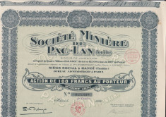 Soc. Miniere de Pac-Lan (Tonkin) Actiune 100 franci 1926 Indochina minerit foto