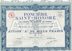 Fonciere Saint Honore Foncierea Actiune 1000 franci 1930 Franta asigurari foto