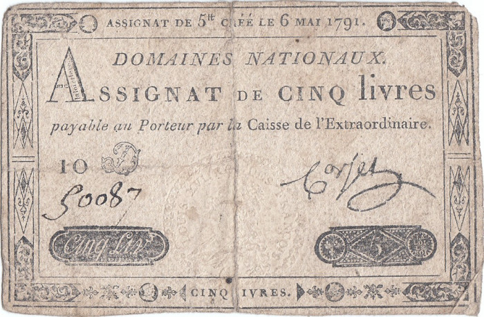 1791 (6 V), 5 livres (P-A42) - Franța! (CRC: 76%) 1791 Prima Emisie
