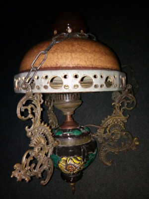 Superbă lampă de tavan antica din majolica cu bronz foto