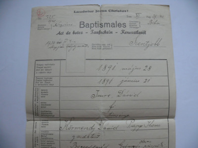 Act de botez catolic - Baptismales, emis in Oradea, in 1940 foto