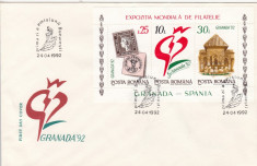 1992 LP 1283 EXPOZITIA MONDIALA FILATELIE GRANADA - SPANIA BLOC DANTELAT FDC foto