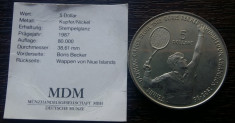 (M628) MONEDA NIUE CU CERTIFICAT - 5 DOLLAR 1987, BORIS BECKER, TIRAJ 80.000 BUC foto