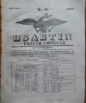 Ziarul Buletin , gazeta oficiala a Principatului Valahiei , nr. 39 , 1843 foto