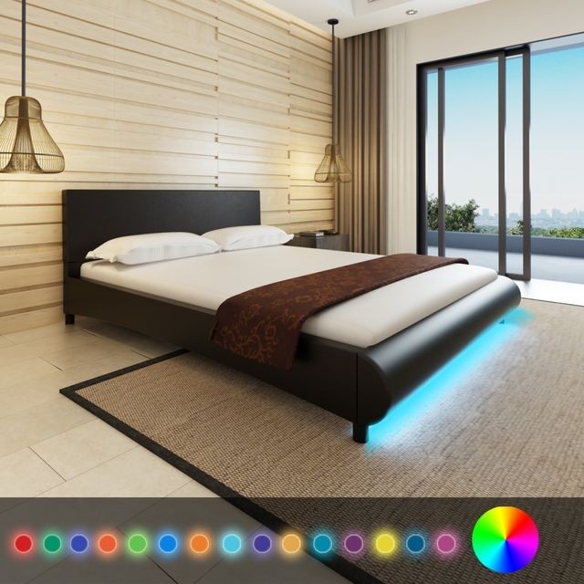 Pat cu LED-uri 160 x 200 cm, piele artificiala, negru foto mare Pat cu LED-uri 160 x 200 cm, piele artificiala, negru foto mare