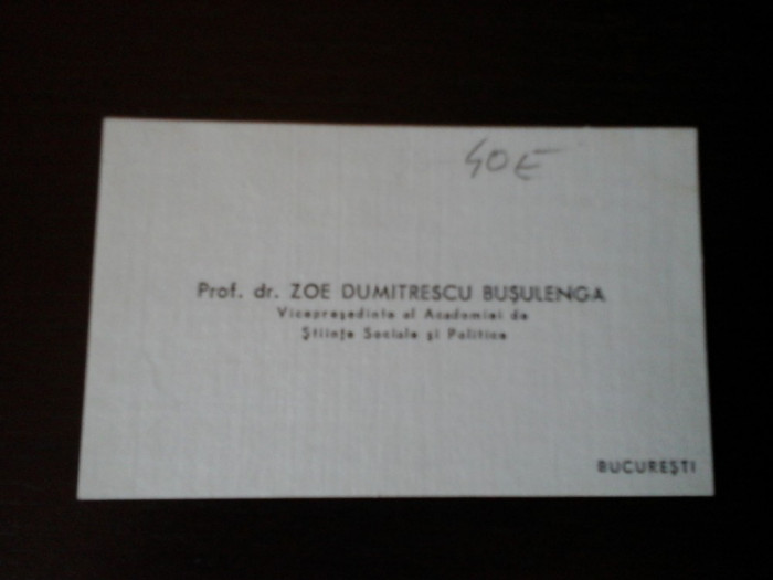 Carte de vizita Prof. dr. Zoe Dumitrescu Busulenga, cu dedicatie