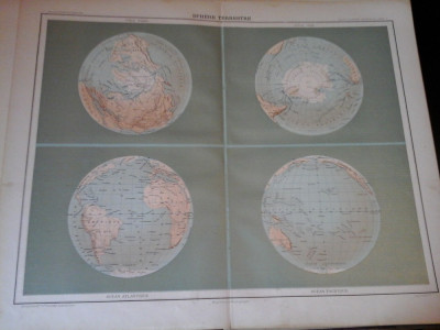 Harta color 37/46 cm -Sphere Terrestre 1-Atlas de Geographie Moderne, Paris,1901 foto