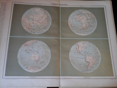 Harta color 37/46 cm -Sphere Terrestre 2-Atlas de Geographie Moderne, Paris,1901 foto