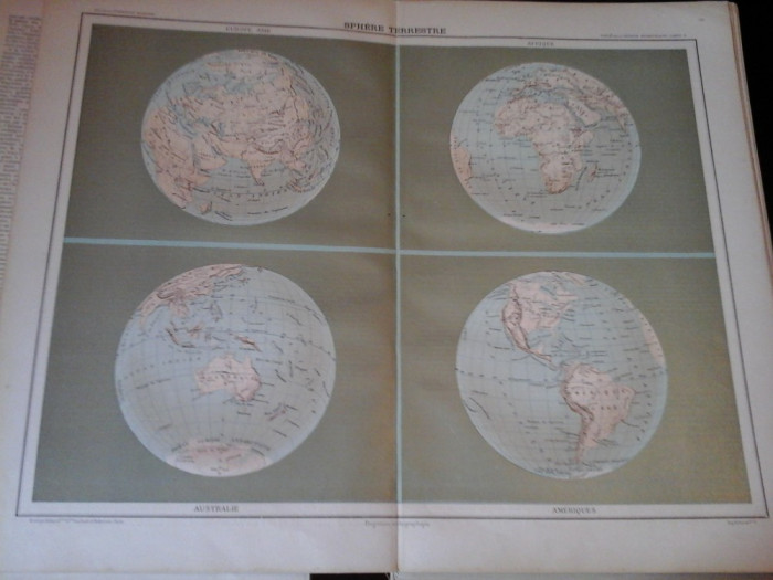 Harta color 37/46 cm -Sphere Terrestre 2-Atlas de Geographie Moderne, Paris,1901