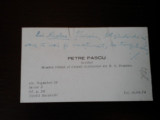 Carte de vizita Petre Pascu, scriitor, 1977, cu dedicatie si semnatura