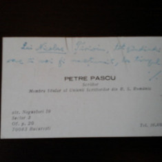 Carte de vizita Petre Pascu, scriitor, 1977, cu dedicatie si semnatura