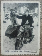 Femeie si caine pe motocicleta// Amintire din Sinaia, 1969 foto