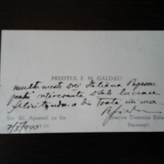 Carte de vizita Preotul F. M. Gâldău, 1940, cu dedicaţie