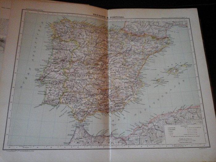 Harta color 37/46 cm - Esp, Portug 25 - Atlas de Geographie Moderne, Paris, 1901