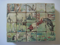 Joc vechi romanesc de colectie - Cuburi lemn puzzle (animale domestice) foto