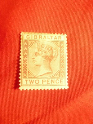 Timbru 2 pence lila-brun 1886 R.Victoria Gibraltar Colonie Britanica ,nestamp. foto