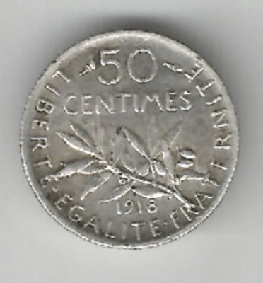 FRANTA 50 CENTI CENTIMES 1918 ARGINT STARE EXCELENTA foto