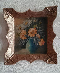tablou vechi, miniatura vintage, pictura ulei retro, vaza vas flori margarete foto
