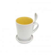 Cana ceramica cu lingurita si farfurioara - galben Elegant Collection foto