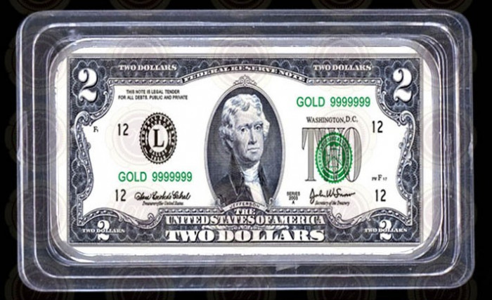 Lingou Two Dollars Bancnota 2 Dolari Bullion Bar USA