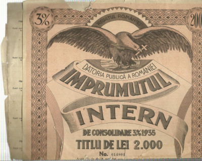 AMS# - ACTIUNE, IMPRUMUTUL INTERN DE CONSILDARE 3% 1935 TITLU DE 2000 LEI foto