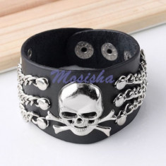 Bratara barbati PUNK - piele neagra SKULL foto