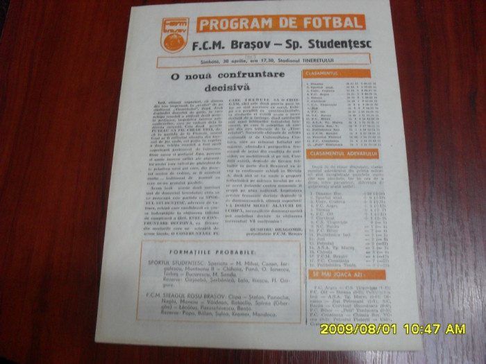 Program FCM Brasov - Sportul Stud.