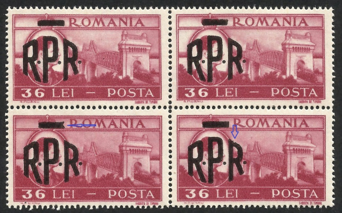 VARIETATE BLOC x4-- SUPRATIPAR--ROMANIA 1948 MNH