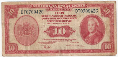 INDIILE OLANDEZE NETHERLANDS INDIES 10 GULDEN 1943 U foto